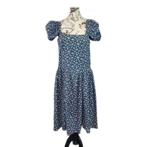 Vintage Handmade Size L Laura Ashley Dress Floral Bow Coastal Cottage Prairie